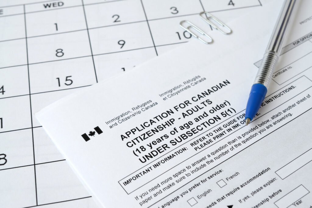 Canadian citizenship application form on calendar