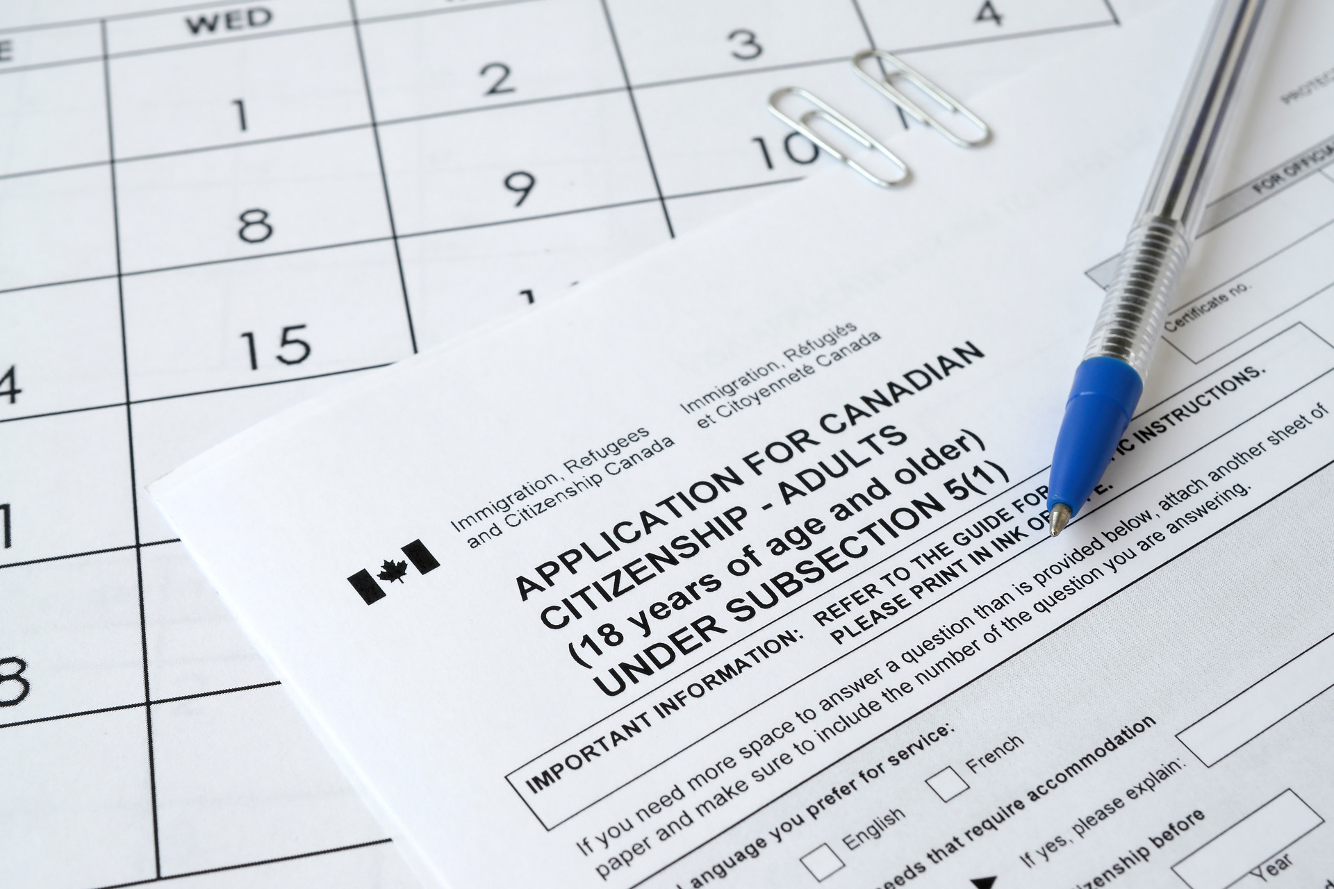 Canadian citizenship application form on calendar