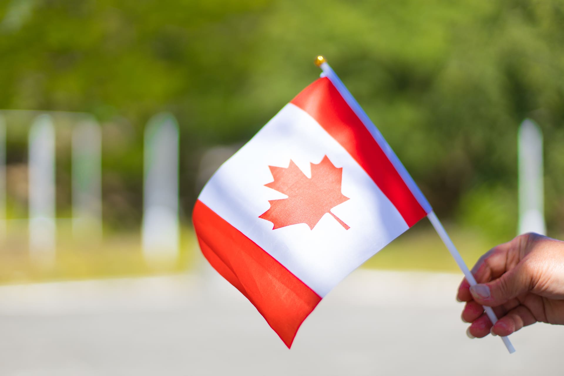 Hand holding small Canadian flag outdoors
